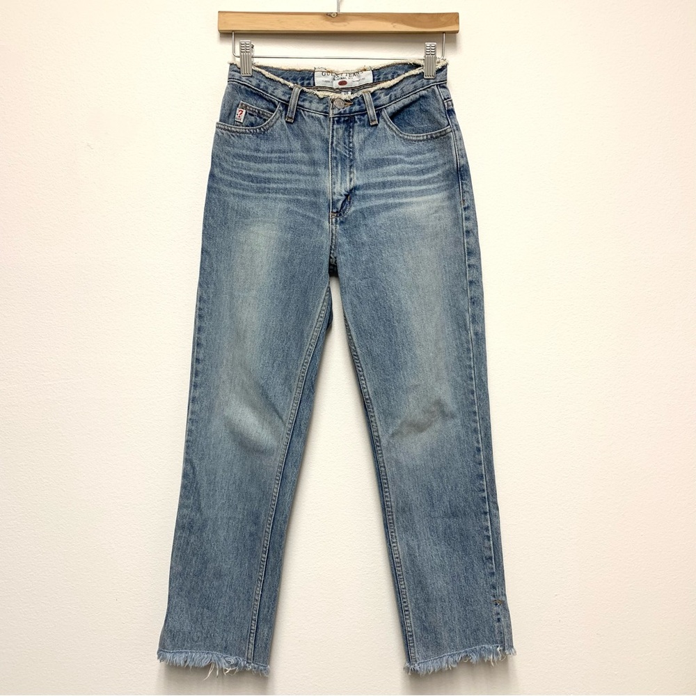 Vintage Guess Frayed Waistband Straight Leg Jeans Size 26 Frayed Hem 90s Y2K Mom